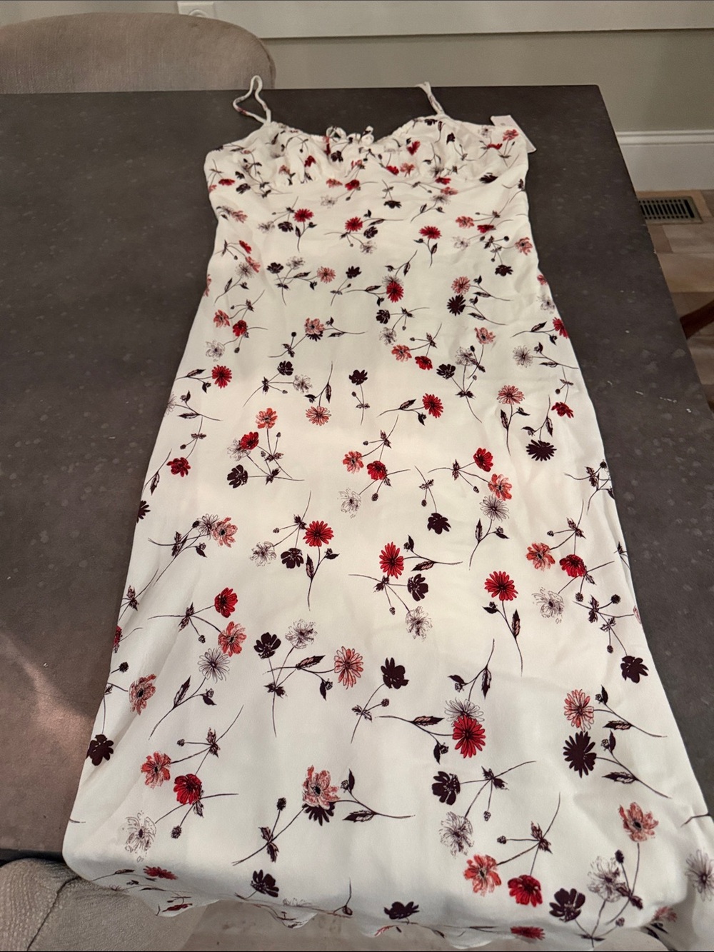 Cream Floral Midi Slip Dress with Red & Black Blooms